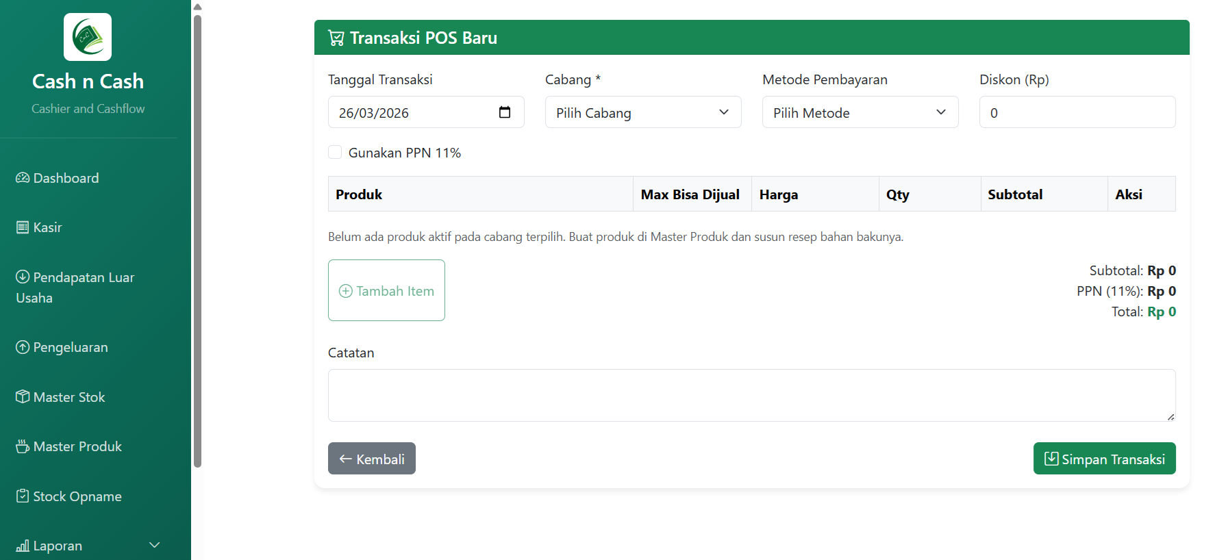 Menu transaksi Cash n Cash