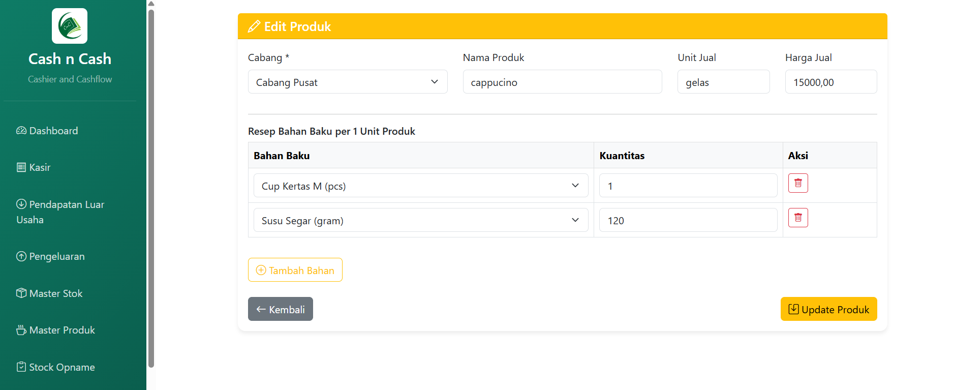 Konfigurasi komposisi produk Cash n Cash