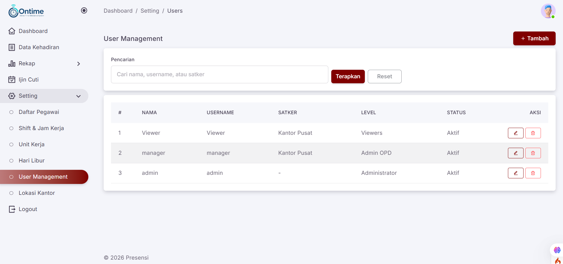 Dokumentasi modul Ontime